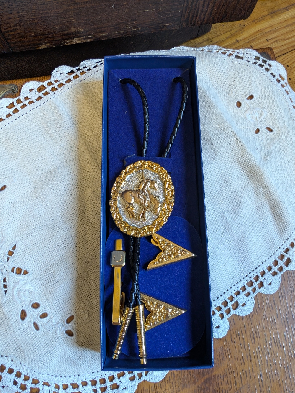 Vintage Gold Western Rodeo Bolo Tie with Braided Black Cord